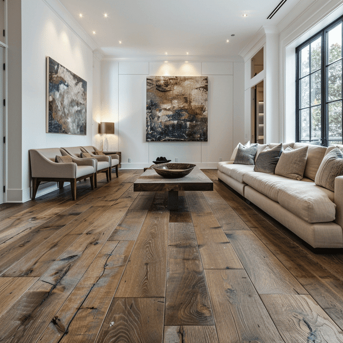 Elegant living room featuring wide-plank distressed hardwood flooring ideas by Reflex Builders with modern art, neutral seating, and large windows.