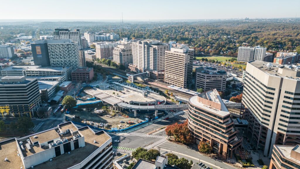 Aerial view of downtown Silver Spring, Maryland near Washington, DC